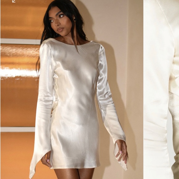 Meshki - DAVINA - Satin Long Sleeve Mini Dress - Ivory -  L - Picture 3 of 8
